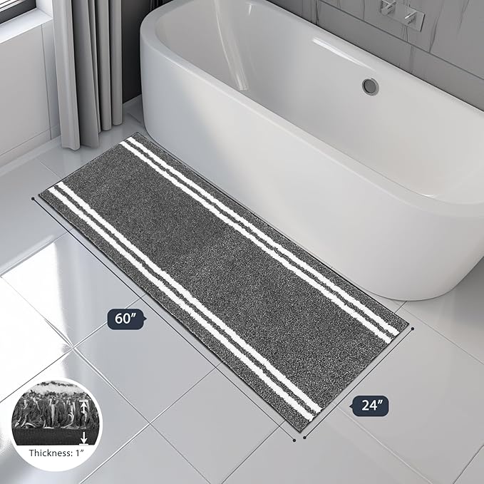 PURRUGS Bathroom Rug Non-Slip Machine Washable 24" x 60", Super Absorbent and Quick Dry Shaggy Microfiber Bath Mat, Extra Soft and Plush Bath Rug for Bathtub, Shower and Sink, Charcoal