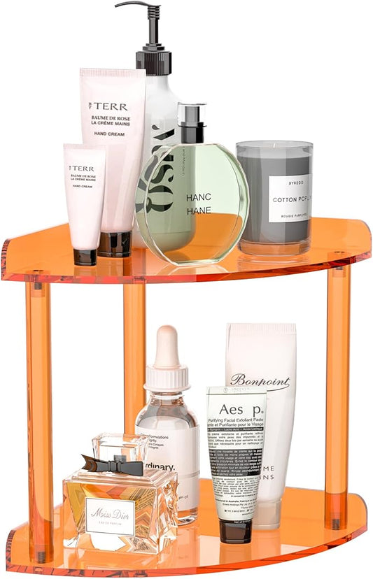 2 Tier Countertop Corner Organizer Shelf 7x7x8 Inch, Orange Acrylic Bathroom Corner Shelf for Countertop, Vanity Storage for Skincare, Cosmetics, Perfume