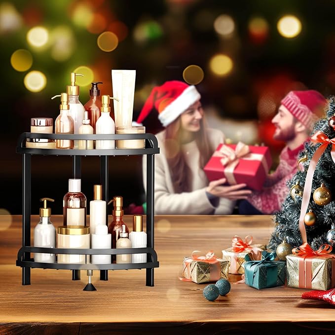 Black Bathroom Counter Organizer XL Corner Shelf, 2-Tier Bathroom Organizers Countertop, Large Capacity Corner Kitchen Storage, Skincare Makeup Vanity Tray, 9''L x 9''W x 13.8''H