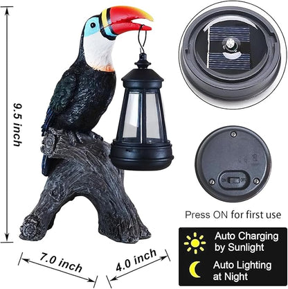 Toucan Garden Statues Decor, Solar Waterproof 9.5" Colorful Tropical Bird Sculpture with LED Lights Funny Garden Outdoor Exotic Bird Sculpture Decoration for Lawn Porch Yard Patio Tiki Bar
