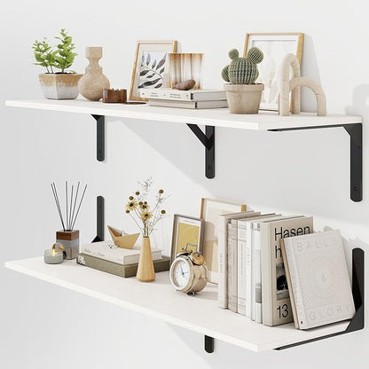 White Floating Shelves 40"W x 12"D, Deep Wall Shelves with Brackets for Books, Plant, 12 Inch Deep Bathroom Shelf Set of 2, Large Floating Shelf for Living Room, Bedroom, Kitchen, Set of 2