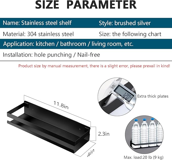 Rustproof Metal Storage Floating Shelves Wall Mounted Rectangular Shelf for Bedroom,Bathroom, Living Room, Kitchen, and Laundry Room,Nail-Free Wall-Mounted Shelves（11.8 Inch Black）