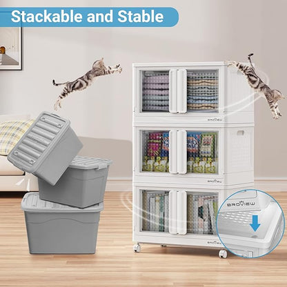 300Qt Stackable Storage Bins with Lids, 75Gal Closet Organizers and Storage Drawer, Plastic Collapsible Storage Bins with Doors, Heavy Duty Store Box Cabinet for Home Kitchen, 3Pack White