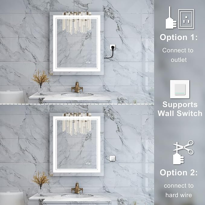 WELLFOR LED Bathroom Vanity Mirror 20 x 28 Inch, Lighted Anti-Fog Dimmable Mirror, IP44 Waterproof Wall Mounted Makeup Mirror, Packed with US Standard Plug and Touch Switch, (Horizontal/Vertical)