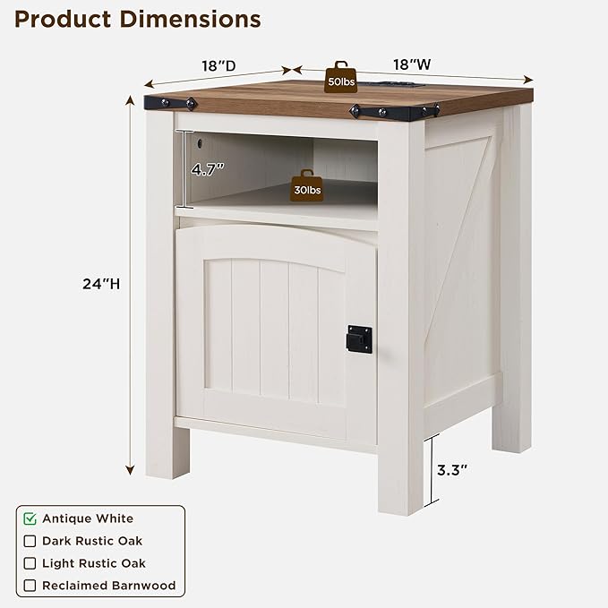 OKD Nightstand with Charging Station Set of 2, 18 Inchs Farmhouse End Table with Adjustable Storage Shelf, Rustic Wood Sofa Side Table for Bedroom