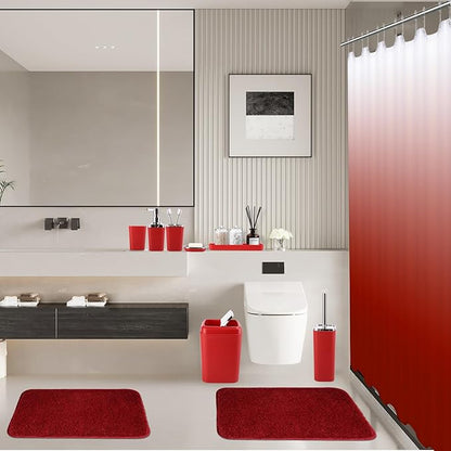 Burgundy Bathroom Accessories Set with Shower Curtain and Rugs, Dark Red Bathroom Accessories with Trash Can,Toothbrush Holder and Cup,Soap Dispenser,Tray,Soap Dish,Toilet Brush,Qtip Holders