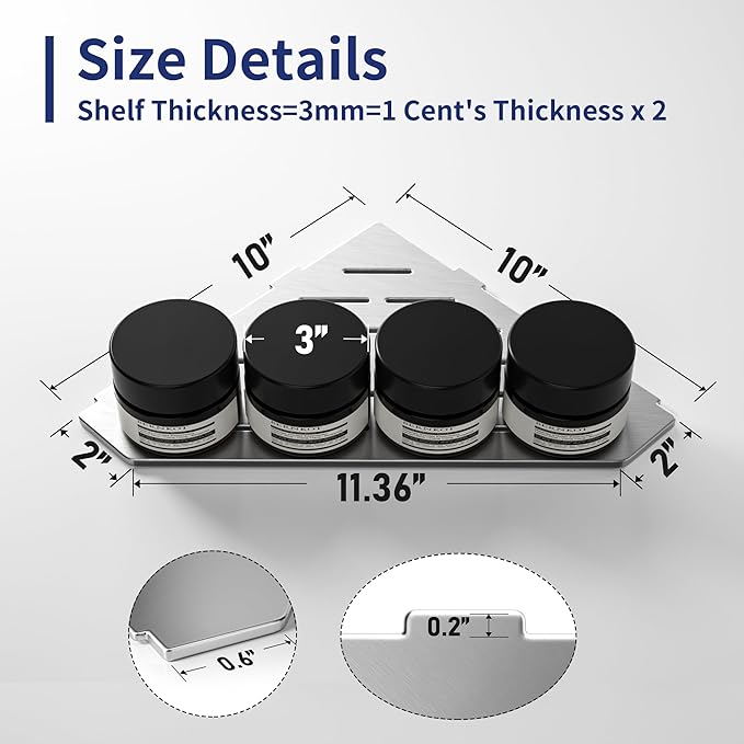 Corner Shower Shelf 10" Brushed 304 Stainless Steel Pentagonal Heavy Duty Floating Corner Sheves Slot Design Recessed Bathroom Shelf for Tiled Wall 2 Pack, No Drilling Needed