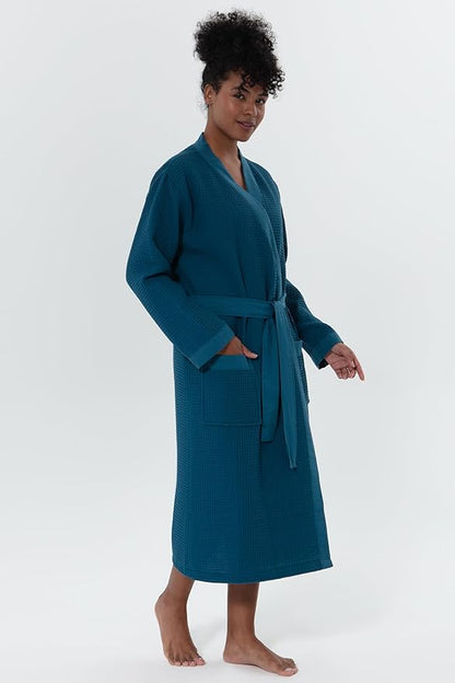Women’s Luxury Waffle Shawl Collar, Hooded Robe w Piping – Lightweight, Long, Ultra Soft Spa Sleepwear Bathrobe