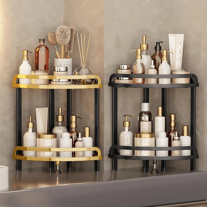 2 Tier Bathroom Organizer Countertop XL Corner Shelf, Black Gold Bathroom Counter Organizers, Large Capacity Vanity Shelves, Corner Skincare Makeup Storage, 9''W x 9''L x 13.78''H