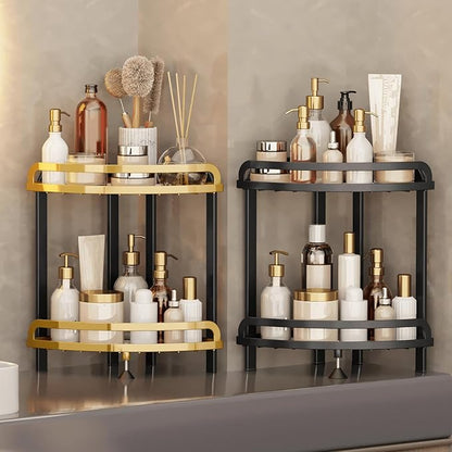 2 Tier Bathroom Organizer Countertop XL Corner Shelf, Black Gold Bathroom Counter Organizers, Large Capacity Vanity Shelves, Corner Skincare Makeup Storage, 9''W x 9''L x 13.78''H