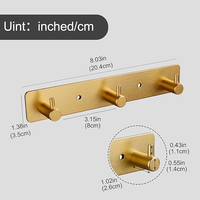 3 Gold Wall Hooks, Brushed Gold Bathroom Hook Rail, Self Adhesive Key Hook Rack Hanger Towel Robe Stick Hooks for Toilet Entryway Hallway Kitchen Wall Mounted
