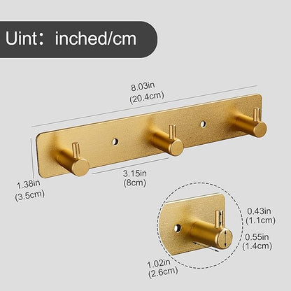 3 Gold Wall Hooks, Brushed Gold Bathroom Hook Rail, Self Adhesive Key Hook Rack Hanger Towel Robe Stick Hooks for Toilet Entryway Hallway Kitchen Wall Mounted