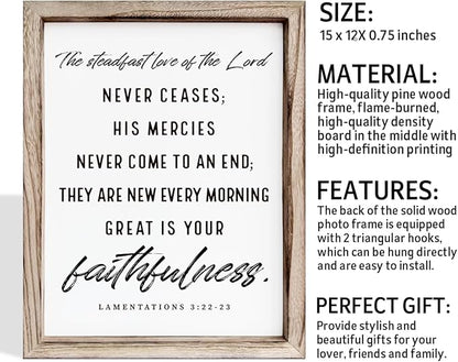 Christian Wooden Wall Signs, Living Room Decor, Home Church Decor for Room, Framed Wall Plaque Sign 15 * 11.5 inches, The Steadfast Love of the Lord Never Ceases Sign