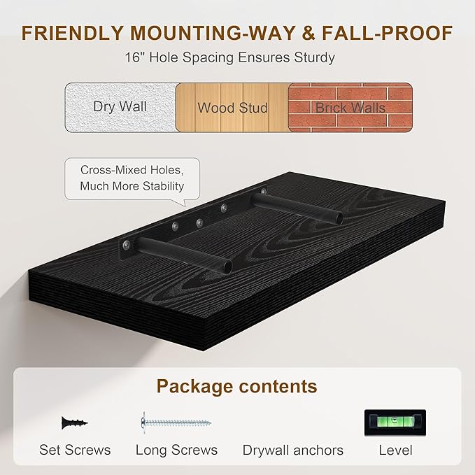 Black Floating Shelves 48 Inch Long, 8 Deep Floating Shelves for Wall, Rustic 48" Long Fireplace Mantel, Large 48 x 8 Wall Shelves for Bedroom, Living Room, Bathroom, Black Deep Shelves Set of 1