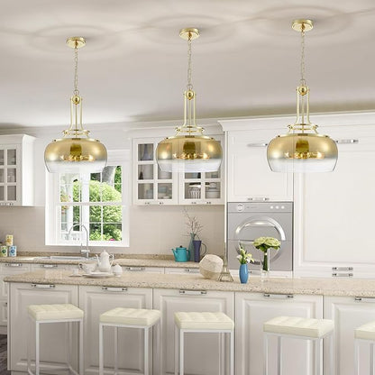 WUZUPS Gold Chandelier Rustic Farmhouse Industrial Round Ceiling Pendant LED Light Fixture with Gradient Glass Shade for Dining Room Kitchen Island Foyer Entryway, H 20.9" W 15.9", E26 Base