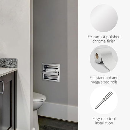 Design House Millbridge Toilet Paper Holder, Recessed, Fits Mega Rolls, Standard Wall Mount, Concealed Screws, Easy Installation, Polished Chrome, 6.1 in L x 7.4 in W x 3.26 in H, 533125