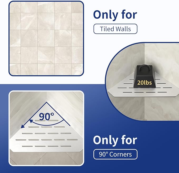 Corner Shower Shelf 10" Brushed 304 Stainless Steel Pentagonal Heavy Duty Floating Corner Shelf Slot Design Recessed Bathroom Shelf for Tiled Wall, No Drilling Needed