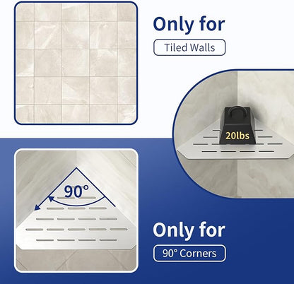 Corner Shower Shelf 10" Brushed 304 Stainless Steel Pentagonal Heavy Duty Floating Corner Shelf Slot Design Recessed Bathroom Shelf for Tiled Wall, No Drilling Needed
