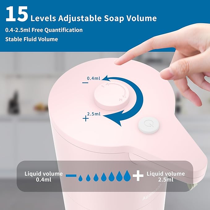 Automatic Soap Dispenser Touchless, Modern, Kitchen & Bathroom, Hands-Free, Adjustable Volume, Long Battery Life, Compatible with Thick & Thin Soap, Easy for Toddlers, Clog-Free, Pink