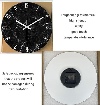 Black Minimalist Wall Clocks for Living Room Glass Marble Pattern Wall Clocks Battery Operated 12 Inch Abstract Wall Clock Non Ticking