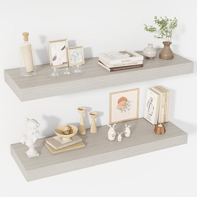 40 Inch Floating Shelves, 12" Deep Floating Shelf Wall Mounted, 40" Wall Shelves, Rustic Deep Bookshelf, Extra Deeper & Thicker Display Shelves for Bedroom, Living Room, Gray, Set of 2