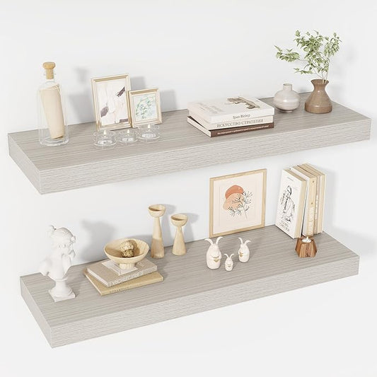 40 Inch Floating Shelves, 12" Deep Floating Shelf Wall Mounted, 40" Wall Shelves, Rustic Deep Bookshelf, Extra Deeper & Thicker Display Shelves for Bedroom, Living Room, Gray, Set of 2