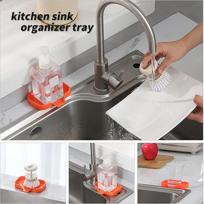 Silicone Bathroom Soap Dishes with Drain Spout-Bathroom and Kitchen Sink Organizer,Sponge Holder,Dish Soap Tray,Perfect for Dispenser,Scrubber,Bottle,Cup on Sink or Counter-Orange 4.9"×3.2"