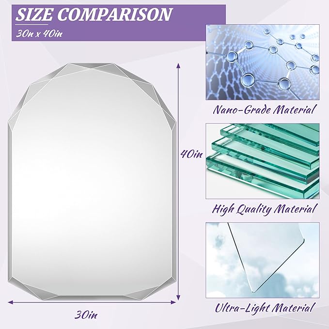 Bathroom Mirror for Wall, 30" x 40" Arched Mirror, Bathroom Vanity Mirrors, Beveled Edge Frameless Wall Mount Vanity Mirror, Wall Mirror Decorative, Irregular Beveled Edge Mirror