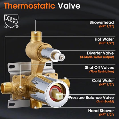 Shower System with Rain Shower Head, Handheld Spray, Rough-in Valve and Trim Kit 9 Inch Bathroom Luxury Rain Mixer Shower Complete Combo Set Wall Mounted High Pressure Shower Faucet Set Chrome