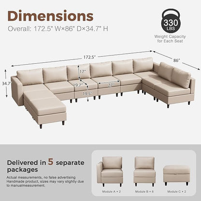Oversized 172.5" Faux Leather Modular Sectional Sofa, Modern Large 10 Seater U Shaped Couch with Storage Seat with Reversible Chaise Deep Seat for Living Room DIY Combination - Whitesand