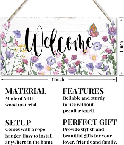 Welcome Decor Sign, Hanging Wood Sign Home Decorative, Printed Wood Wall Art Sign, Flower Welcome Sign, Yard Garden Welcome Sign, Porch Decor Sign, Farmhouse Front Door Decor Sign 12 * 6inch