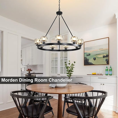 Black Wagon Wheel Chandelier, 36 Inch Black Chandeliers with Unique Glass Shade, 9-Light Crystal Farmhouse Wagon Wheel Chandeliers for Dining Room, Round Chandelier for Living Room, Foyer, Entryway