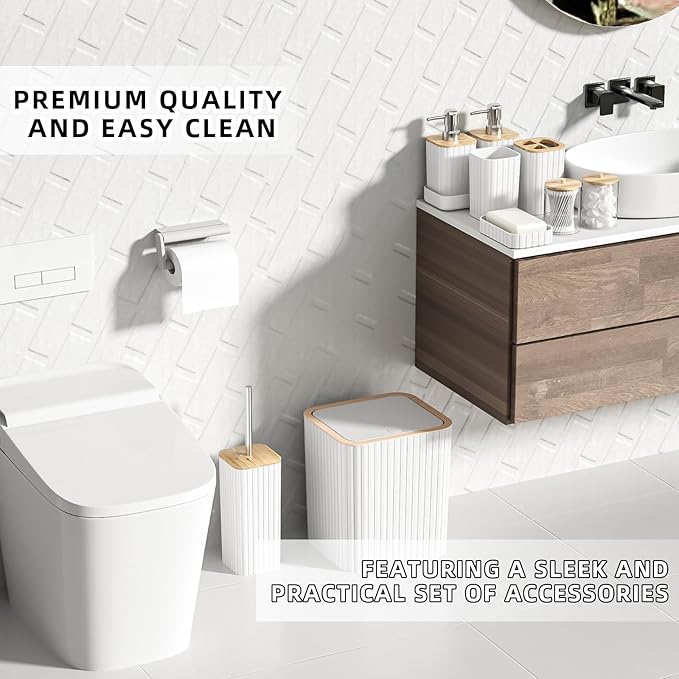 Bathroom Accessories Set - Elegant White Bathroom Set, 10PC Bathroom Accessory Set, Toilet Brush, Trash Can, Qtip Holder Dispenser & Soap Dispenser