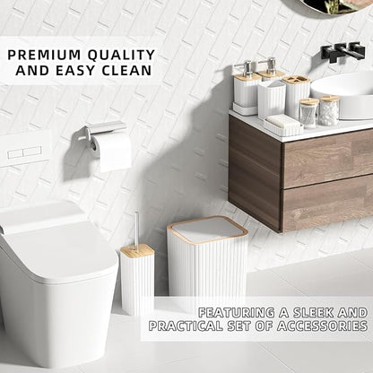 Bathroom Accessories Set - Elegant White Bathroom Set, 10PC Bathroom Accessory Set, Toilet Brush, Trash Can, Qtip Holder Dispenser & Soap Dispenser