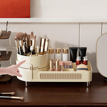 Rotating Makeup Organizer Countertop,Large Capacity Makeup Organizers for Vanity,2 in 1 makeup storage organizer for Bathrooms,Cosmetic Display Case(Cream)