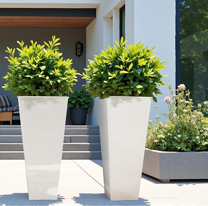 Worth Garden 28" H. Large Metal Glazed Planter Set of 2, Modern Glossy Finish White Tall Square Tapered Steel Flower Plant Pots for Indoor & Outdoor Use - Insert Plate with Drain Holes, Air Vents