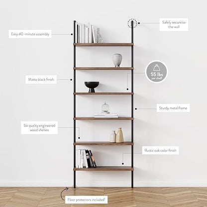 Nathan James Theo 6-Shelf Tall Bookcase, Wall Mount Bookshelf with Reclaimed Oak Wood and Industrial Metal Frame, Reclaimed Oak/Matte Black, Set of 3
