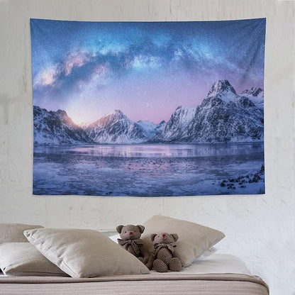 HZOHNAGO Mountain Tapestry Aurora Snow Mountain Sunset Pattern Printed Wall Tapestry Wall Hanging for Bedroom Living Room Dorm 80" W x 60" H