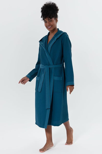Women’s Luxury Waffle Shawl Collar, Hooded Robe w Piping – Lightweight, Long, Ultra Soft Spa Sleepwear Bathrobe