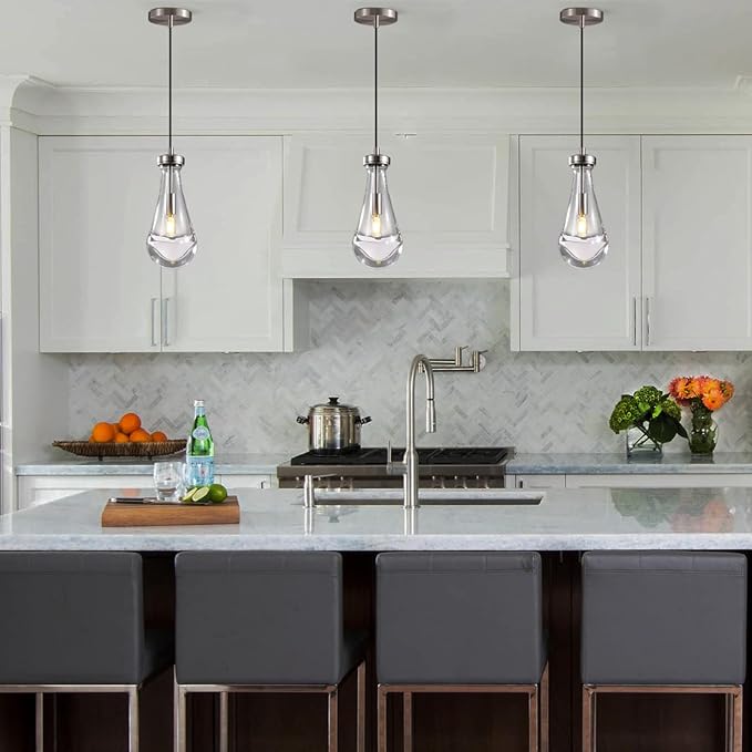 Raindrop Pendant Lights Set of 3, Modern Pendant Lights Kitchen Island 3 Pack, Brushed Nickel Island Light, Pendant Light for Bedroom Bathroom, Chandelier for Living Room Hallway