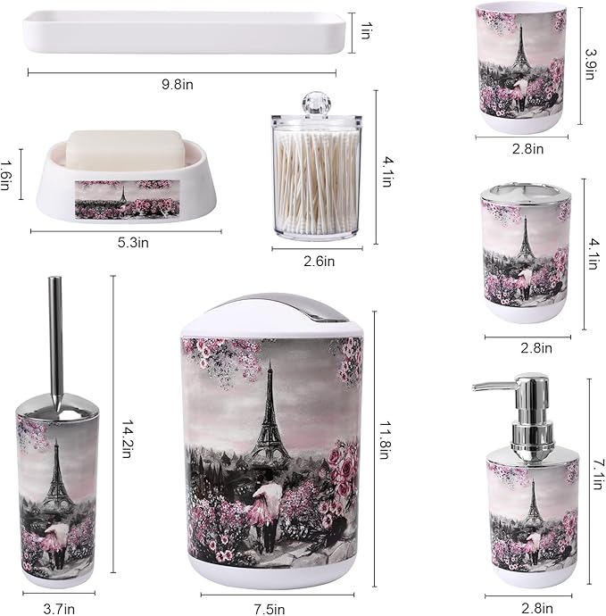 Bathroom Accessories Set with Shower Curtain Bath Rugs Pink Paris Bathroom Accessories with Trash Can, Shower Curtain Set,Bath Rugs for Home Decor