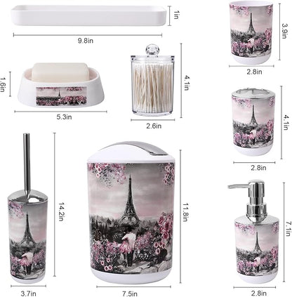 Bathroom Accessories Set with Shower Curtain Bath Rugs Pink Paris Bathroom Accessories with Trash Can, Shower Curtain Set,Bath Rugs for Home Decor