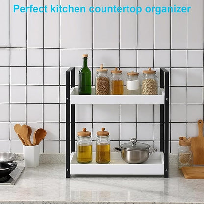 Bathroom Counter Organizer with Basket, Wooden Sink Shelf for Vanity Storage, Storage Organizers for Bathroom, Kitchen, Dresser (Black - White)