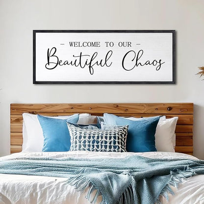 Welcome To Our Beautiful Chaos Sign Wall Decor Framed Wood 32X12 Inch For Rustic Home Living Room Entryway Bedroom Hanging Art (Black)
