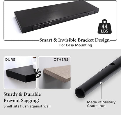 Axeman Floating Shelves, 2 Pack 8 Inch Deep Modern Solid Wood Wall Shelves for Storage, Wall Mounted Display Shelving with Invisible Heavy-Duty Metal Bracket, 24" W x 8" D x 1.6" H, Distressed Black