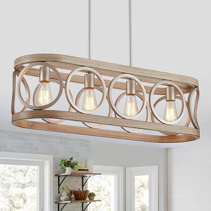 XINGQI Kitchen Island Chandelier for Dining Room Modern Farmhouse Rectangle Pendant Lighting Fixture Vintage Linear Hanging 4-Light Rustic Living Room, Antique Brushed Nickel and Wood Grain Finish