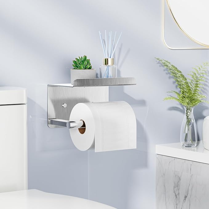 Self-Adhesive Toilet Paper Roll Holder - Wall Mount Or Adhesive Toilet Paper Holder with Shelf,Toilet Roll Holder, Tissue Holder for Bathroom,Wall Toilet Paper Holder, Stainless Steel,Chrome
