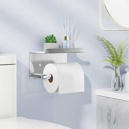Self-Adhesive Toilet Paper Roll Holder - Wall Mount Or Adhesive Toilet Paper Holder with Shelf,Toilet Roll Holder, Tissue Holder for Bathroom,Wall Toilet Paper Holder, Stainless Steel,Chrome