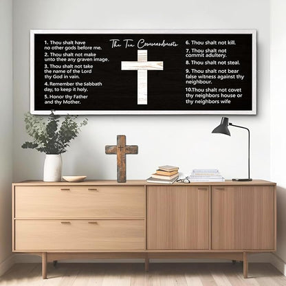 Ten Commandments Rustic Bible Verse Framed Wall Decor, 40" x 15", Religious Christian Slogan Representing a Prayer to God Jesus Christ, Vintage Horizontal Holy Inspirational Catholic Scripture Decor