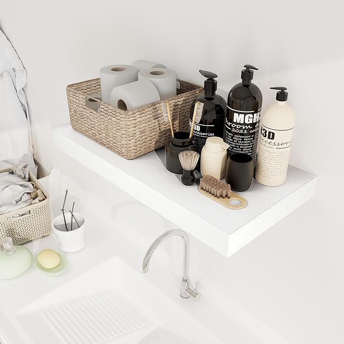 12 Inch Deep White Floating Shelves, 24 x 12 Floating Shelf for Books, Rustic Wood Deep Wall Shelves for Home Storage & Display, 2" Thicked Shelves for Kitchen, Living Room, Bedroom, 2 Pack